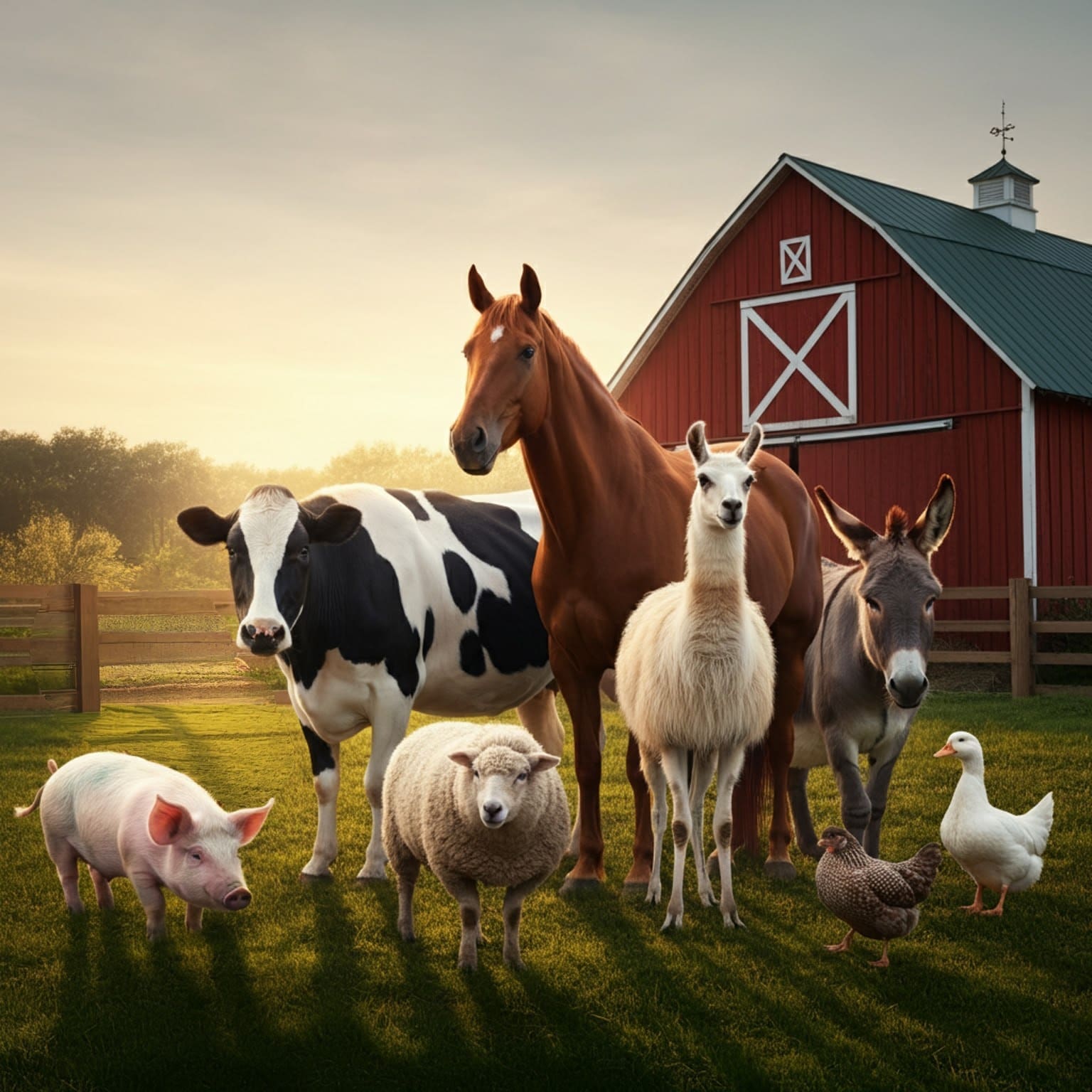 Farm animal pictures for kids: Horse, cow, llama, donkey, sheep, pig, and duck by a red barn.