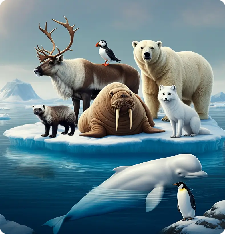 Arctic animal pictures for kids: Polar bear, reindeer, walrus, fox, penguin, puffin, beluga whale.