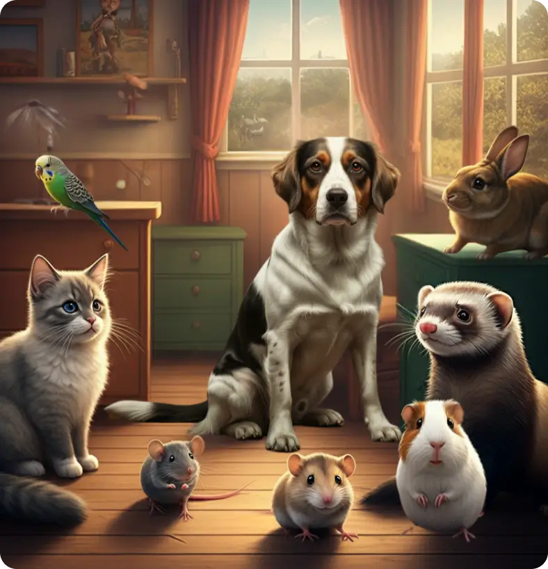 Pet pictures for kids: Dog, cat, rabbit, ferret, guinea pig, hamster, mouse, and parrot in a cozy room.
